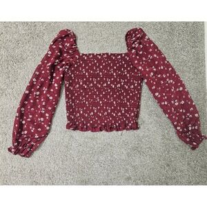 Lush Smocked Floral Crop Top Dark Red Long Sheer Sleeve Square Neck Large